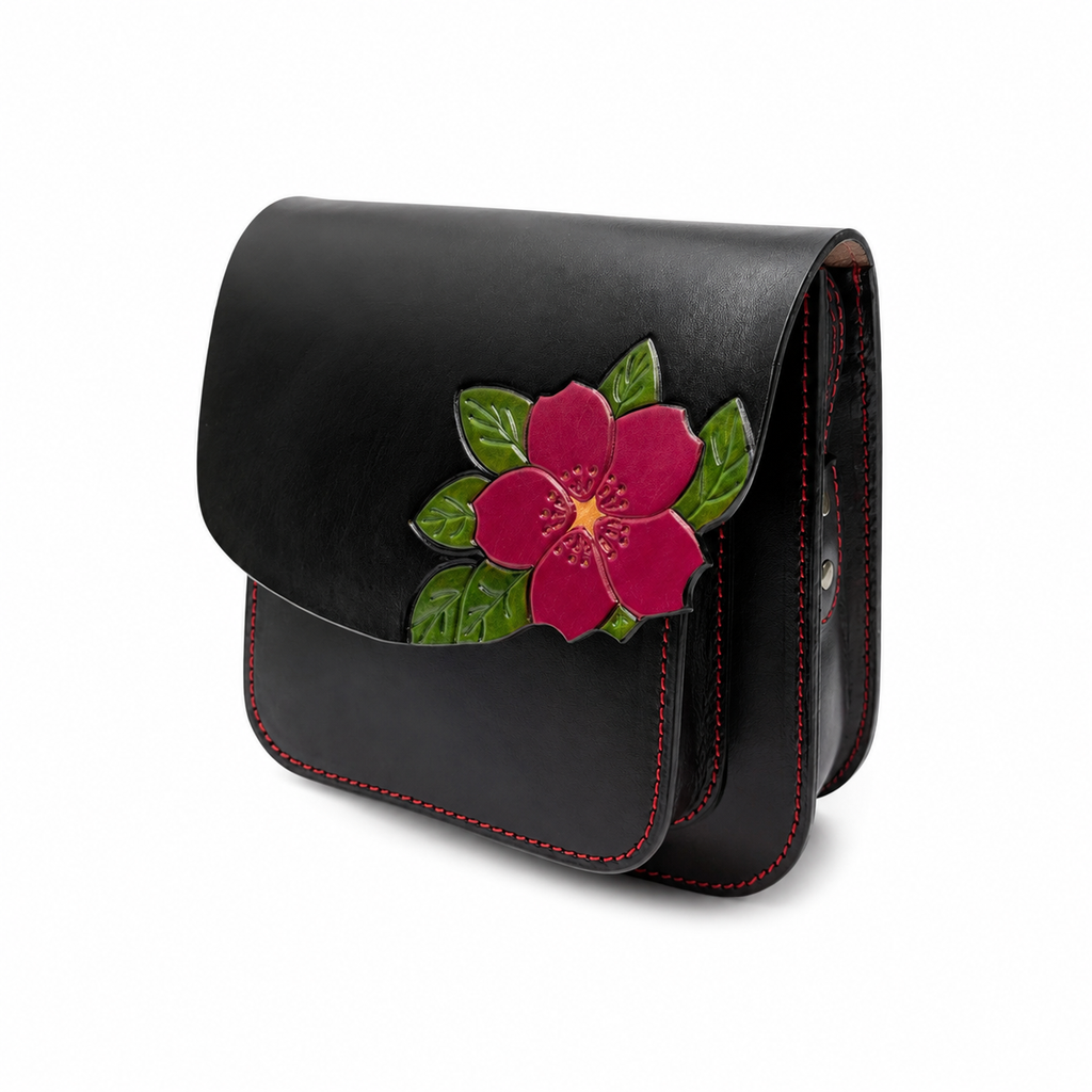Bolso Bandolera Flor Repujada en Cuero