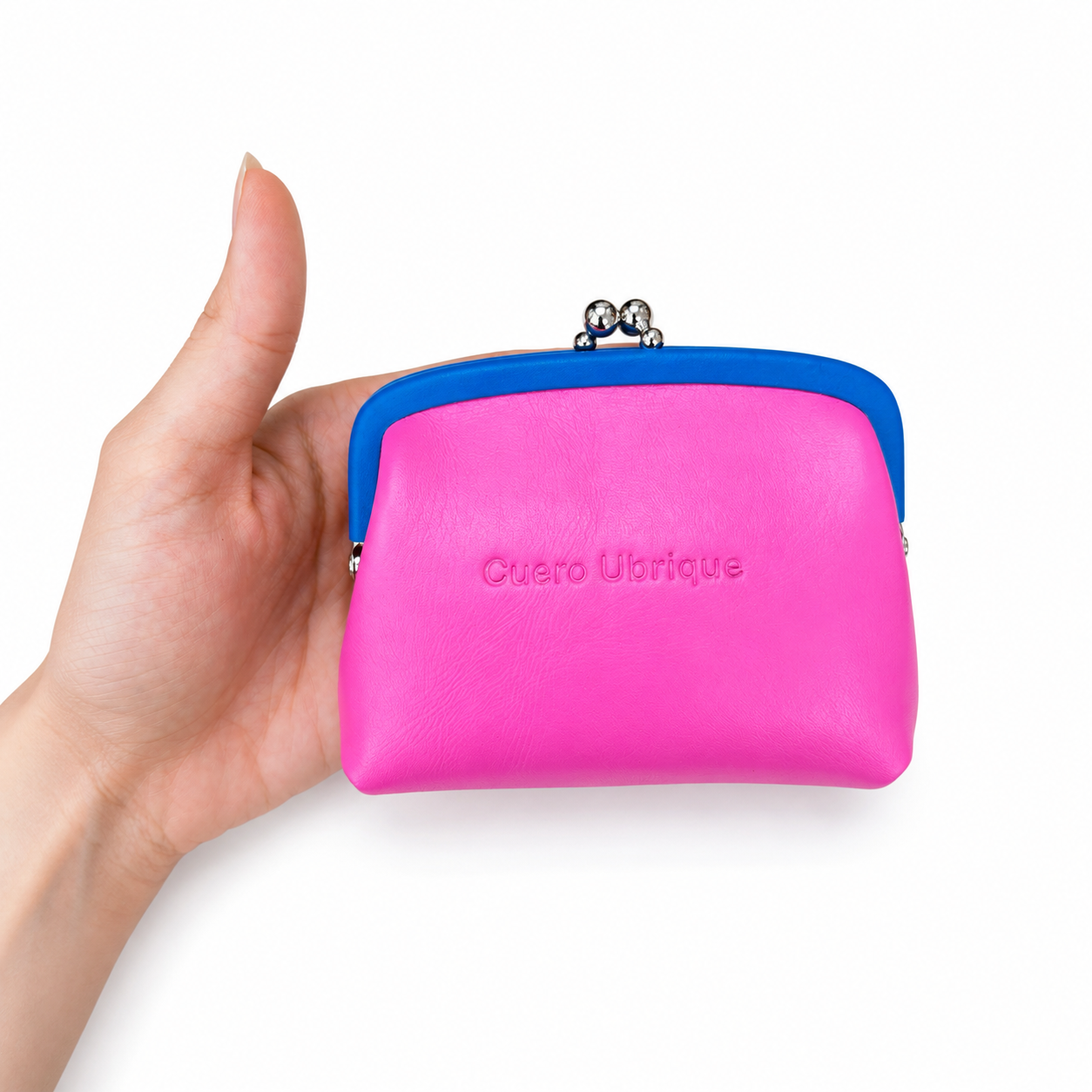 Monedero de piel artesanal bicolor rosa y azul CU88