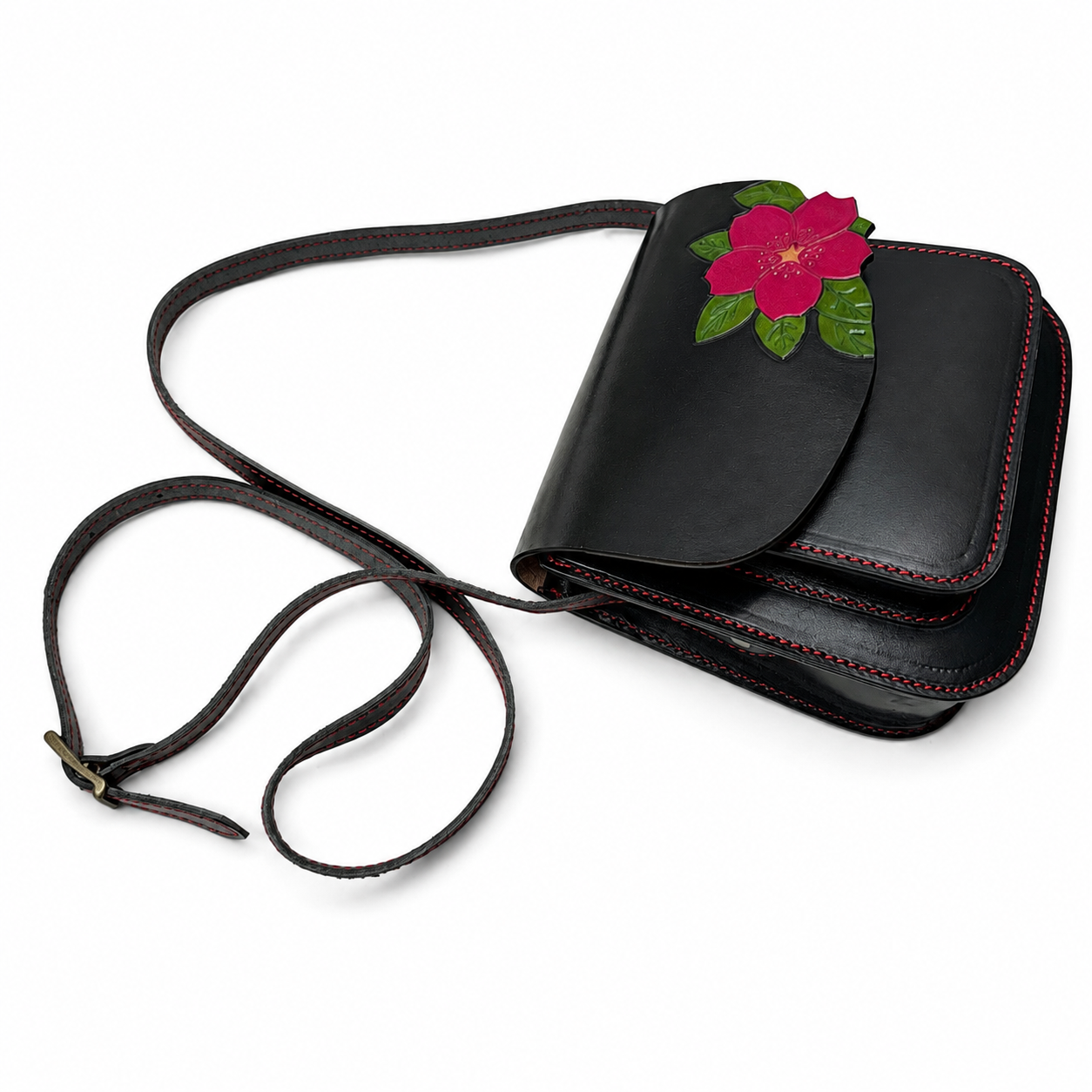 Bolso Bandolera Flor Repujada en Cuero